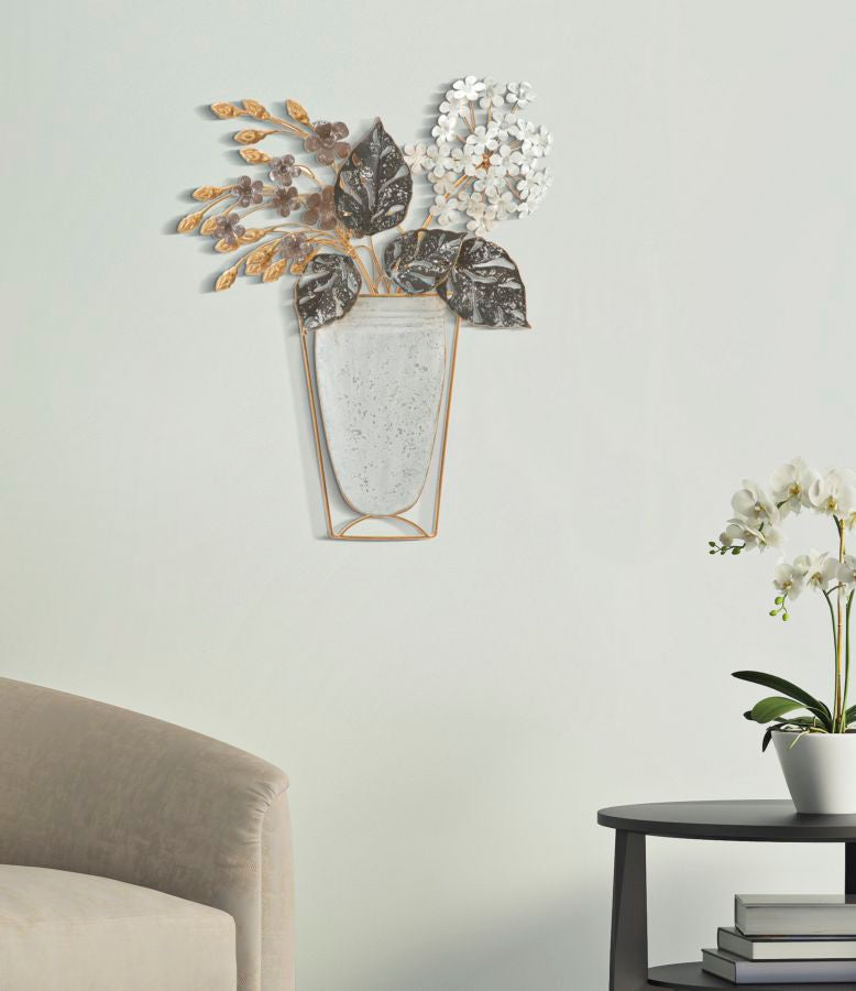 Pannello moderno decorativo con vaso e fiori in metallo cm 45x7x73h