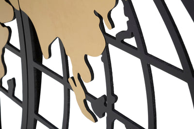 Pannello moderno da parete mappamondo in metallo nero e oro cm 133x3x70h