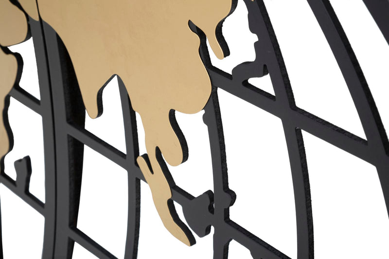 Pannello moderno da parete mappamondo in metallo nero e oro cm 133x3x70h