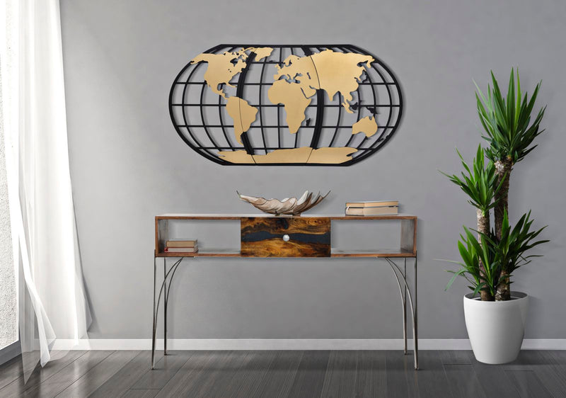 Pannello moderno da parete mappamondo in metallo nero e oro cm 133x3x70h