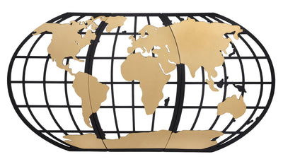 Pannello moderno da parete mappamondo in metallo nero e oro cm 133x3x70h