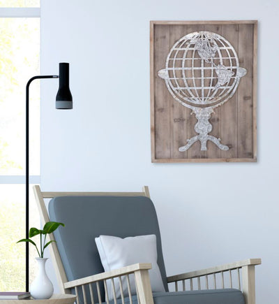 Metal World - Pannello decorativo in legno con mappamondo in ferro cm 60x4Xx80h