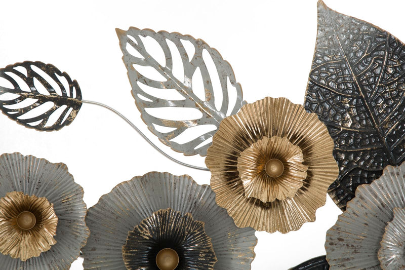 Quadretto pannello decorativo in metallo 3D con fiori e foglie cm 120x7x59h