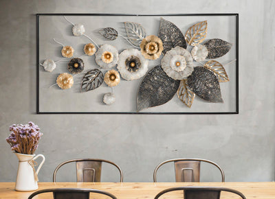 Quadretto pannello decorativo in metallo 3D con fiori e foglie cm 120x7x59h