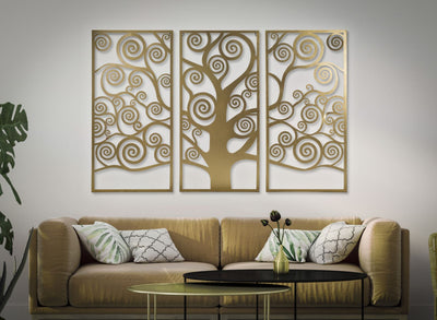 Pannello per parete set 3 pezzi in metallo dorato albero della vita cm 165x2x110h