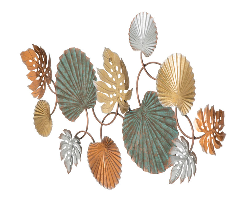 Decorazione a parete in metallo 3D con foglie colorate cm 117x4x62h