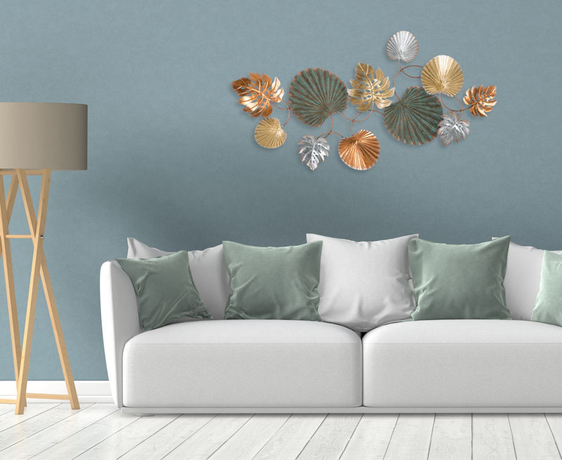 Decorazione a parete in metallo 3D con foglie colorate cm 117x4x62h