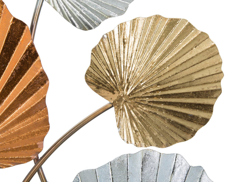 Decorazione a parete in metallo 3D con foglie colori oro argento e bronzo cm 57x5x96h