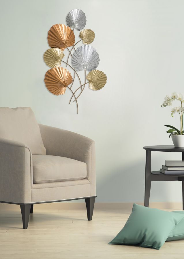 Decorazione a parete in metallo 3D con foglie colori oro argento e bronzo cm 57x5x96h
