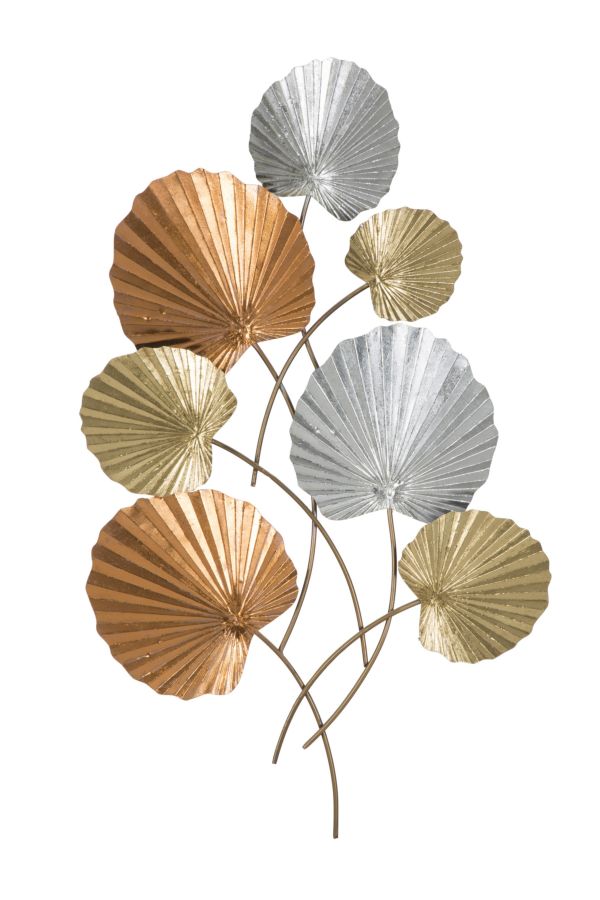 Decorazione a parete in metallo 3D con foglie colori oro argento e bronzo cm 57x5x96h
