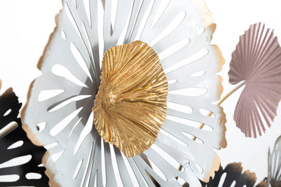 Decorazione a parete composizione fiori e foglie in metallo 3D cm 106x6x60h