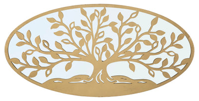 Pannello ovale in metallo dorato e specchio con albero della vita cm 120x2x60h