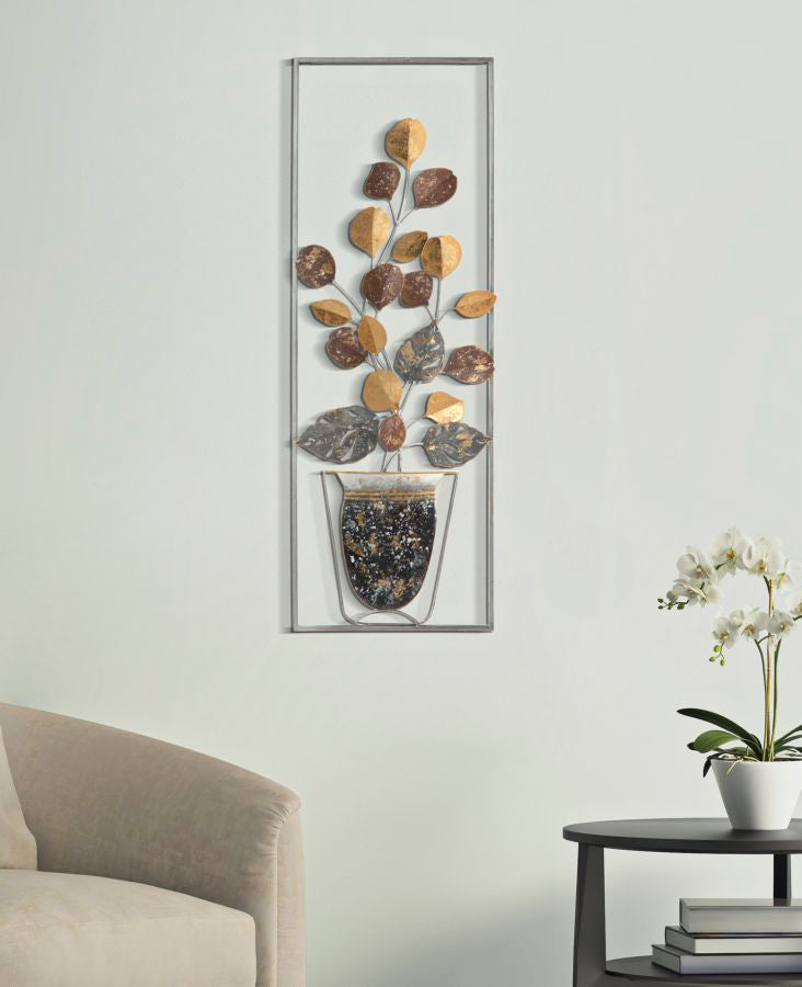 Pannello verticale quadretto in metallo 3D con vaso e foglie cm 31x5x89h