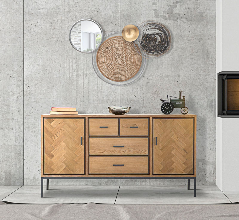 Pannello decorativo stile etnico in legno e metallo con specchio cm 107x8x77h