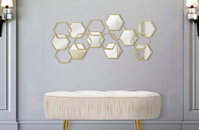 Decorazione da parete con esagoni in metallo dorato e specchietti cm 87x2x40h
