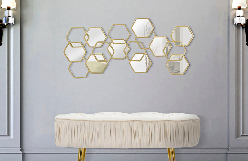 Decorazione da parete con esagoni in metallo dorato e specchietti cm 87x2x40h