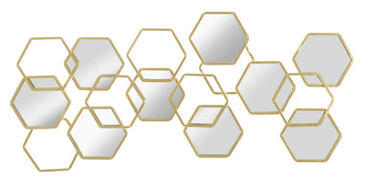 Decorazione da parete con esagoni in metallo dorato e specchietti cm 87x2x40h