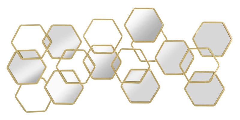 Decorazione da parete con esagoni in metallo dorato e specchietti cm 87x2x40h