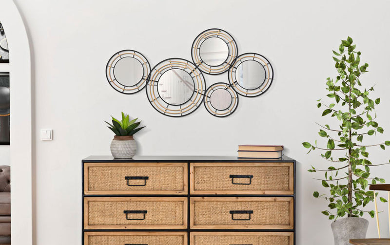 Decorazione da  parete stile industrial in metallo rattan con specchi cm 111x9x59h