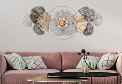 Pannello design moderno da parete in metallo con fiori in metallo 3D cm 130x8x55h