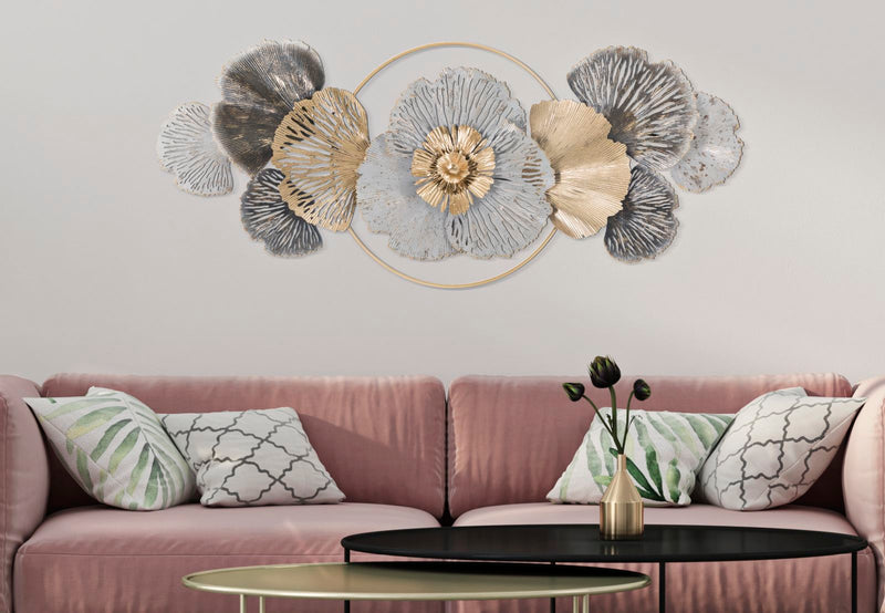 Pannello design moderno da parete in metallo con fiori in metallo 3D cm 130x8x55h