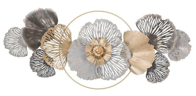 Pannello design moderno da parete in metallo con fiori in metallo 3D cm 130x8x55h
