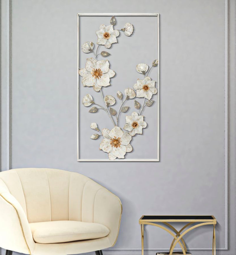 Decorazione parete moderna in metallo con fiori e cornice cm 50x5x90h