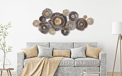 Decorazione da parete moderna con fiori in metallo in tridimensionale cm 167x7x73h