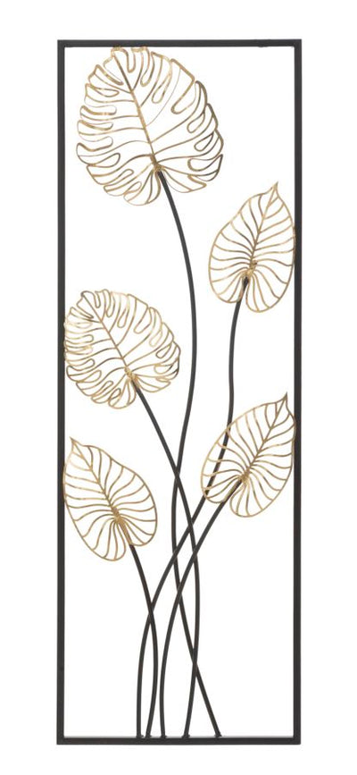 Pannello decorativo verticale in metallo con foglie colore oro cm 31x2x90h