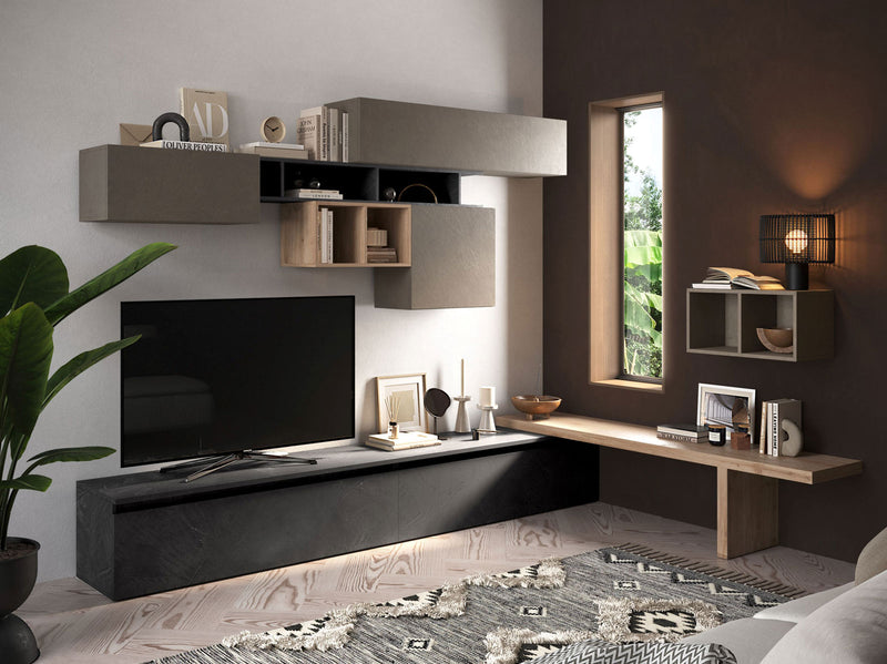 parete moderna angolare con mobile tv e pensili e vanio a giorno colore piombo argilla e rovere chiaro