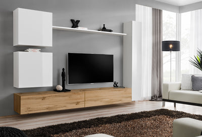 parete da soggiorno componibile bianco e legno naturale