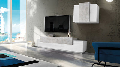 parete attrezzata con mobile tv e pensile colore bianco lucido e cemento