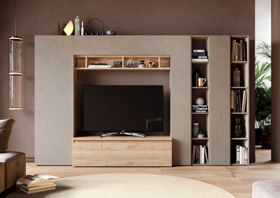 parete attrezzata soggiorno con mobile tv e libreria colore argilla e rovere cadiz