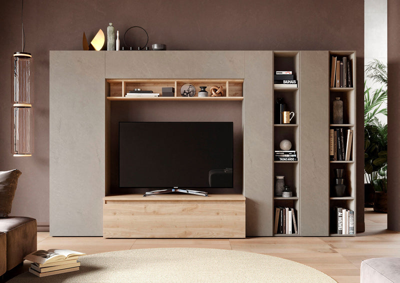 parete attrezzata soggiorno con mobile tv e libreria colore argilla e rovere cadiz