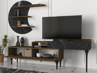 Composizione moderna zona living legno effetto marmo nero lucido mobile tv e mensole