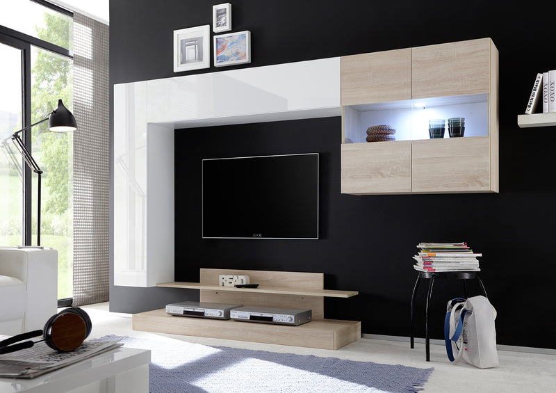 Romolo - Parete da soggiorno attrezzata con vetrina e base tv in legno - vari colori