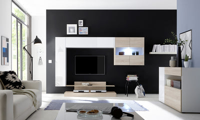 Romolo - Parete da soggiorno attrezzata con vetrina e base tv in legno - vari colori