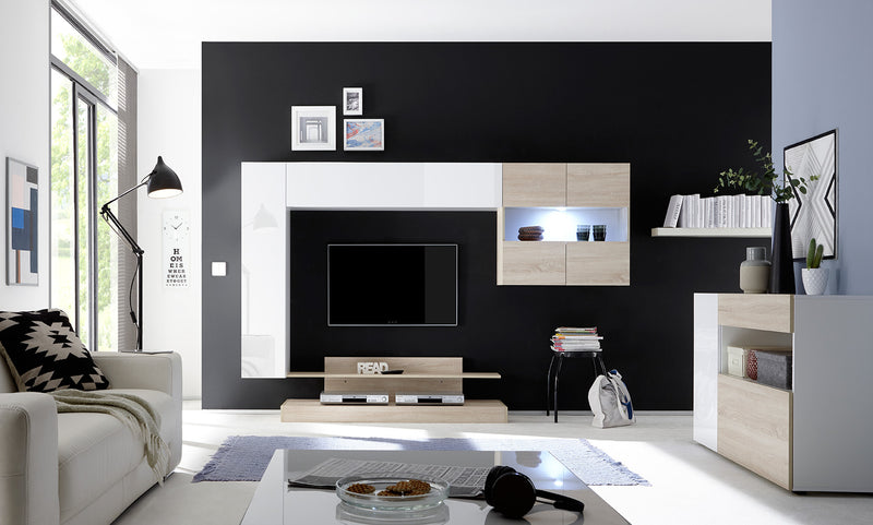 Romolo - Parete da soggiorno attrezzata con vetrina e base tv in legno - vari colori