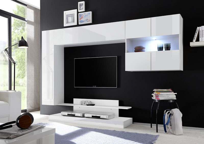 Romolo - Parete da soggiorno attrezzata con vetrina e base tv in legno - vari colori