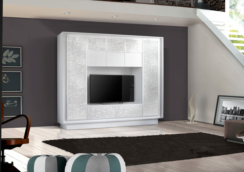 Fiorenza - Parete moderna attrezzata con porta tv bianco opaco serigrafata