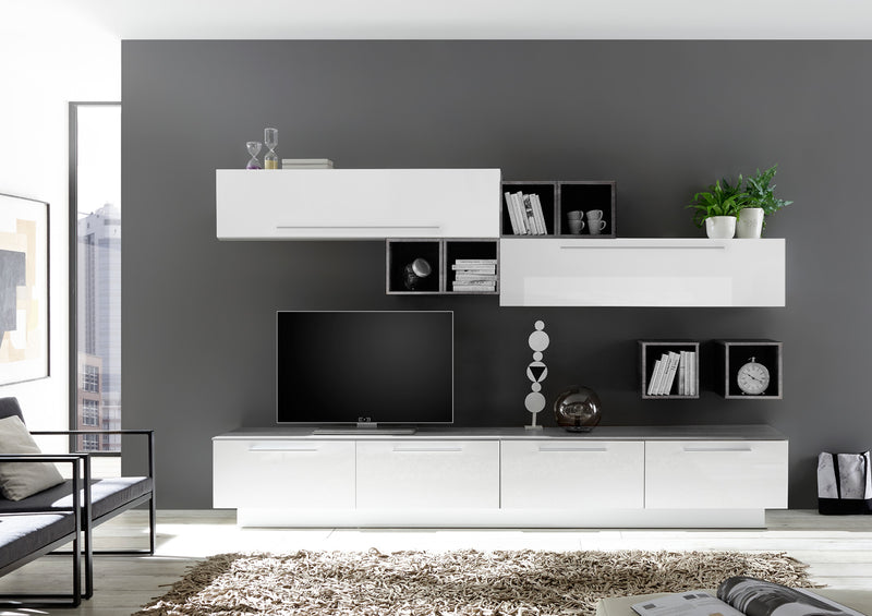 parete moderna soggiorno con porta tv e pensili bianco e cemento