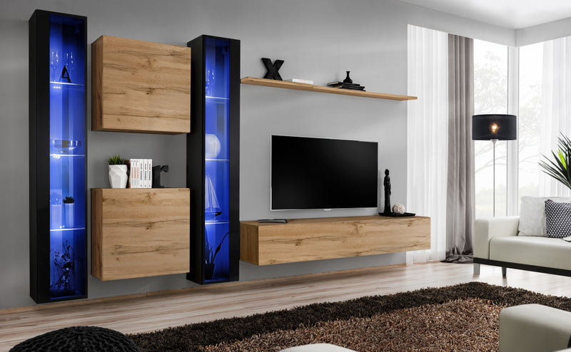 Pacific - Parete soggiorno quercia natura con vetrina e luci a led - vari colori