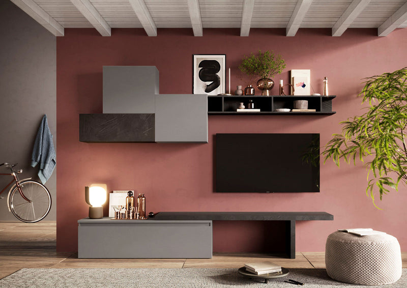 Kigali - Composizione parete attrezzata con base tv pensili e libreria - vari colori