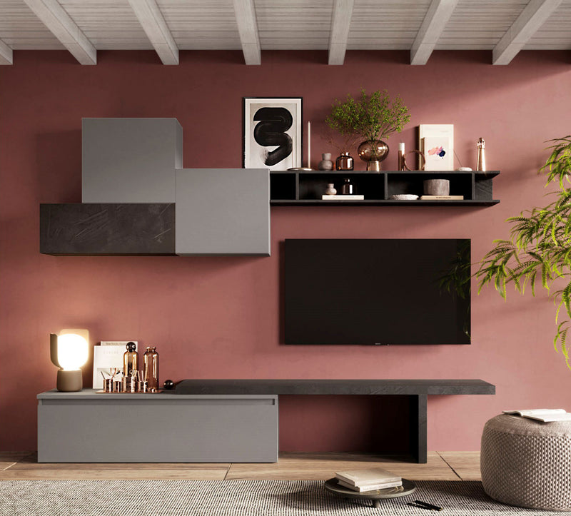 parete moderna attrezzata con mobile tv pensili colore gesso e piombo