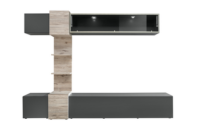 Riolle - Parete attrezzata da salotto con led e libreria colore grigio e quercia natura