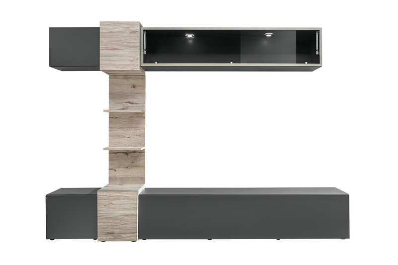 Riolle - Parete attrezzata da salotto con led e libreria colore grigio e quercia natura