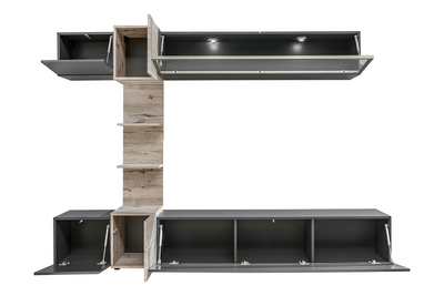 Riolle - Parete attrezzata da salotto con led e libreria colore grigio e quercia natura