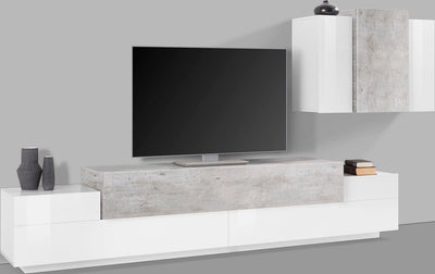 parete attrezzata con mobile tv e pensile colore bianco lucido e cemento