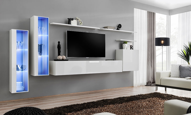 parete attrezzata colore bianco con luci a led