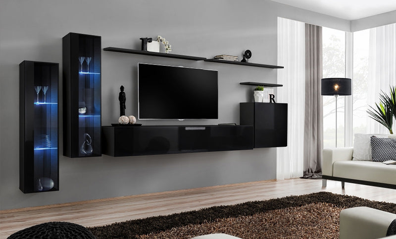 parete attrezzata colore nero con luci a led
